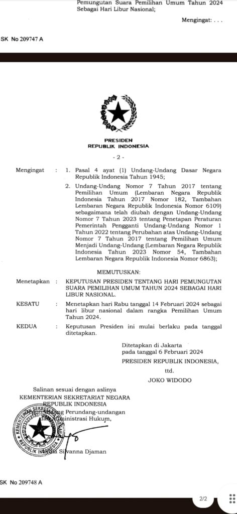 Presiden Jokowi Tetapkan 14 Februari Hari Libur Nasional Pemilu 2024