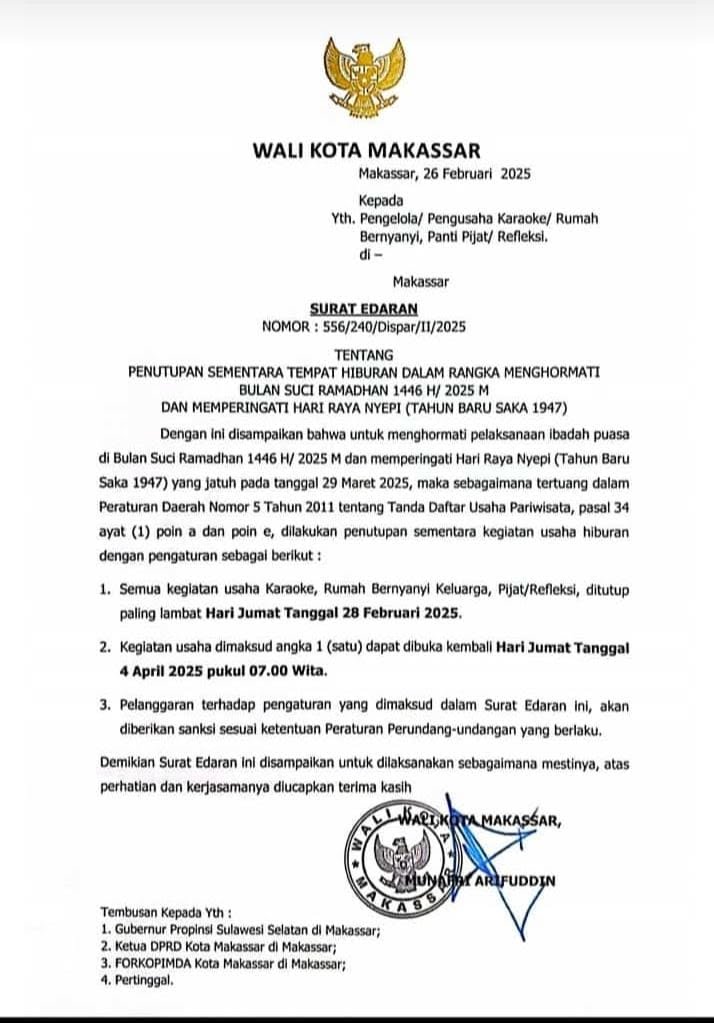 Wali Kota Makassar Munafri Arifuddin Terbitkan SE Penutupan Sementara Tempat Hiburan Selama Ramadhan