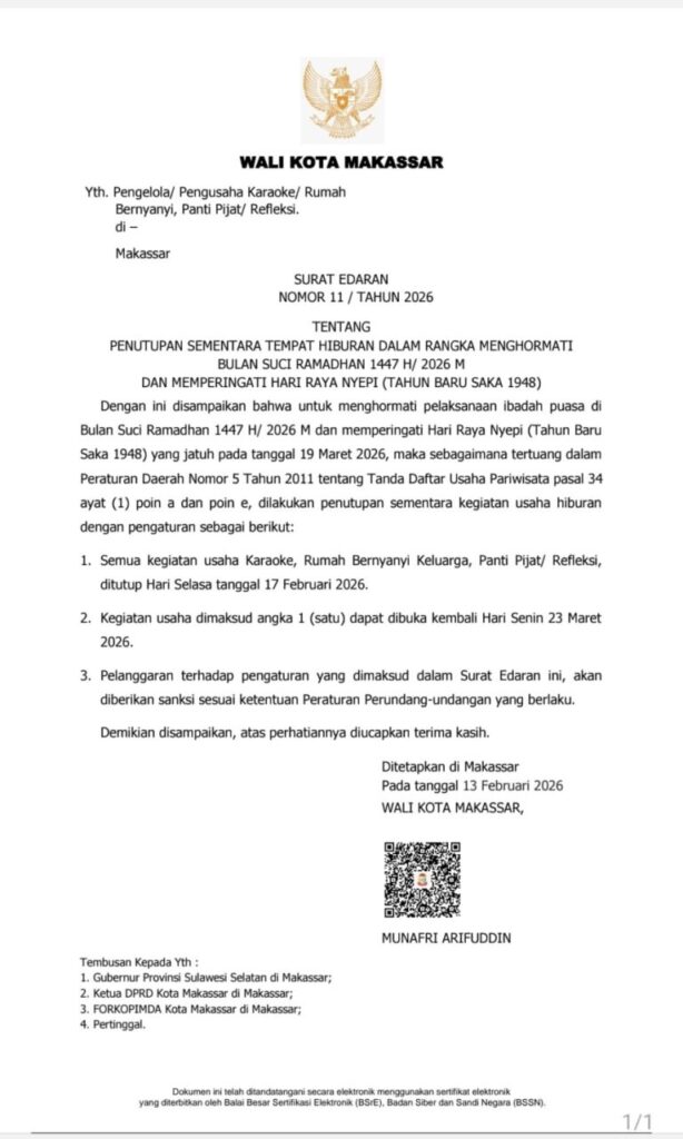 Wali Kota Makassar Munafri Terbitkan SE Tentang THM Tutup Selama Ramadan 2026