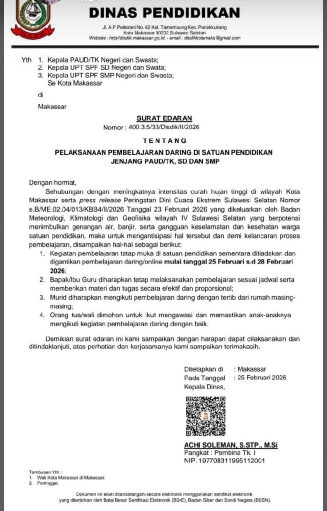 Antisipasi Cuaca Ekstrem, Disdik Makassar Keluarkan SE Belajar dari Rumah